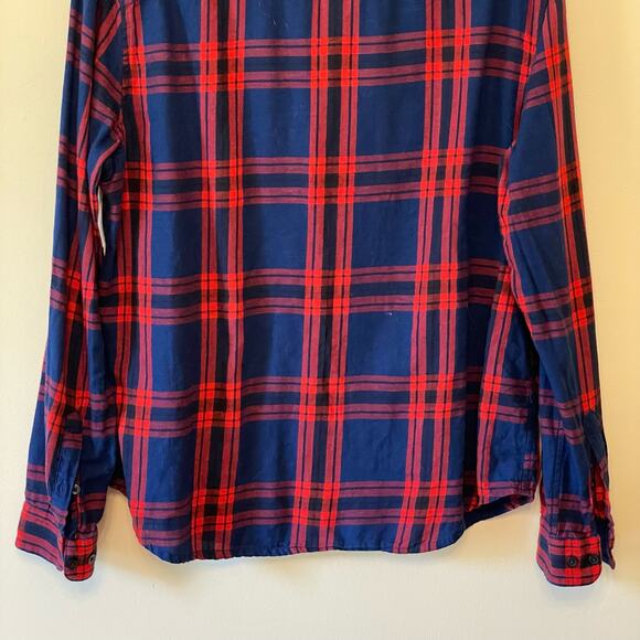 H&M L 100% cotton casual button down t-shirt blue red plaid corpcore work - Picture 7 of 7